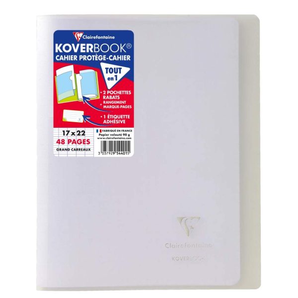 Cahier piqu&eacute; Koverbook 17x22cm 48 pages grands carreaux couverture polypropyl&egrave;ne transparent