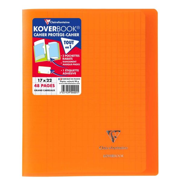 Cahier piqu&eacute; Koverbook 17x22cm 48 pages grands carreaux couverture polypropyl&egrave;ne transparent