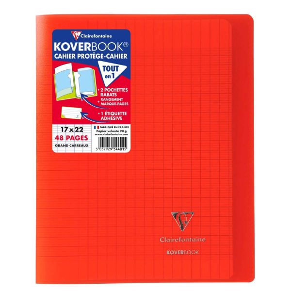 Cahier piqu&eacute; Koverbook 17x22cm 48 pages grands carreaux couverture polypropyl&egrave;ne transparent