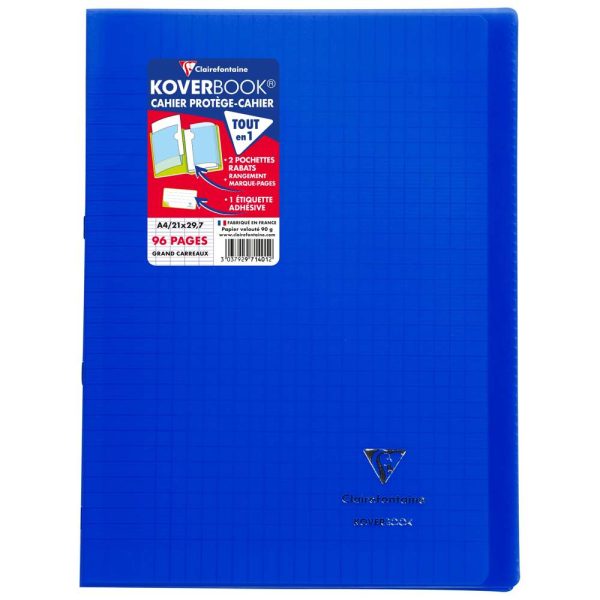 Cahier piqu&eacute; Koverbook A4 96 pages grands carreaux couverture polypropyl&egrave;ne transparent