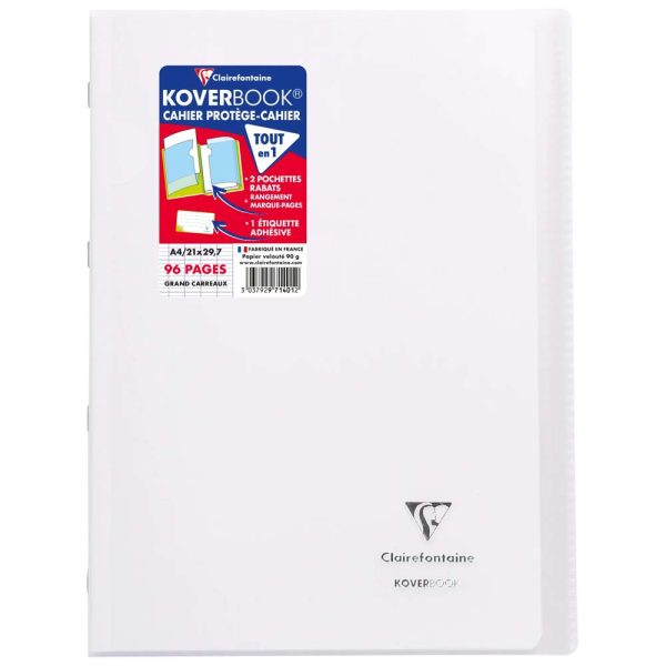 Cahier piqu&eacute; Koverbook A4 96 pages grands carreaux couverture polypropyl&egrave;ne transparent