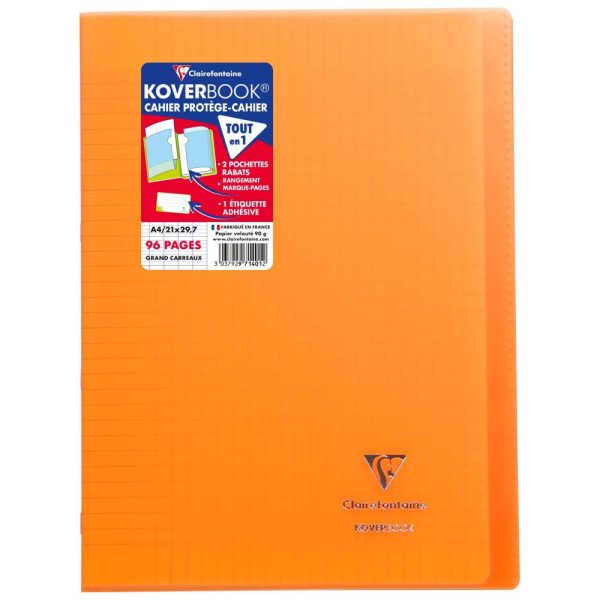 Cahier piqu&eacute; Koverbook A4 96 pages grands carreaux couverture polypropyl&egrave;ne transparent