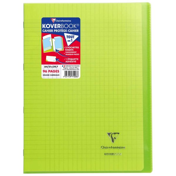 Cahier piqu&eacute; Koverbook A4 96 pages grands carreaux couverture polypropyl&egrave;ne transparent
