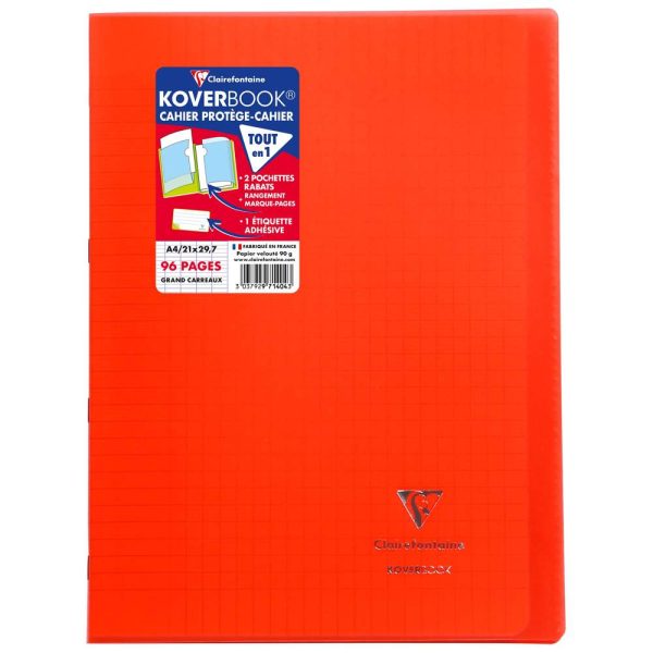Cahier piqu&eacute; Koverbook A4 96 pages grands carreaux couverture polypropyl&egrave;ne transparent