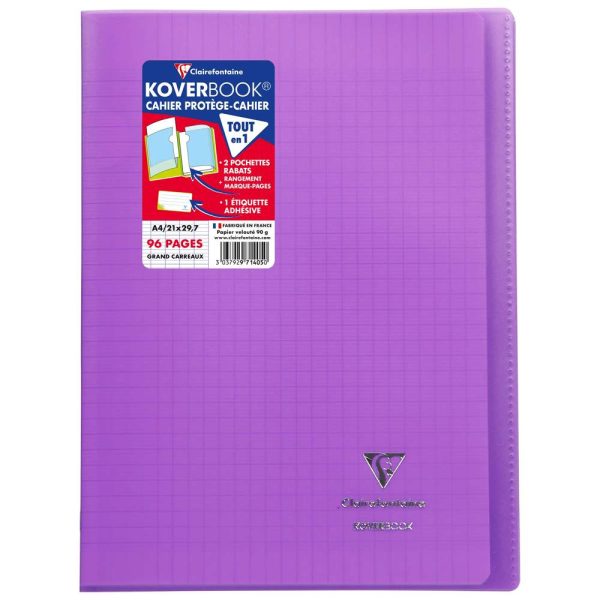 Cahier piqu&eacute; Koverbook A4 96 pages grands carreaux couverture polypropyl&egrave;ne transparent