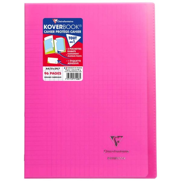 Cahier piqu&eacute; Koverbook A4 96 pages grands carreaux couverture polypropyl&egrave;ne transparent