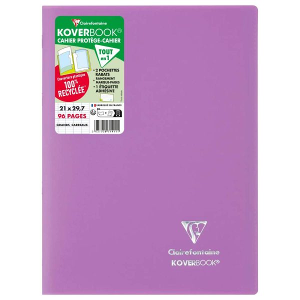 Cahier piqu&eacute; Koverbook A4 96 pages grands carreaux couverture polypropyl&egrave;ne opaque 100% recycl&eacute;