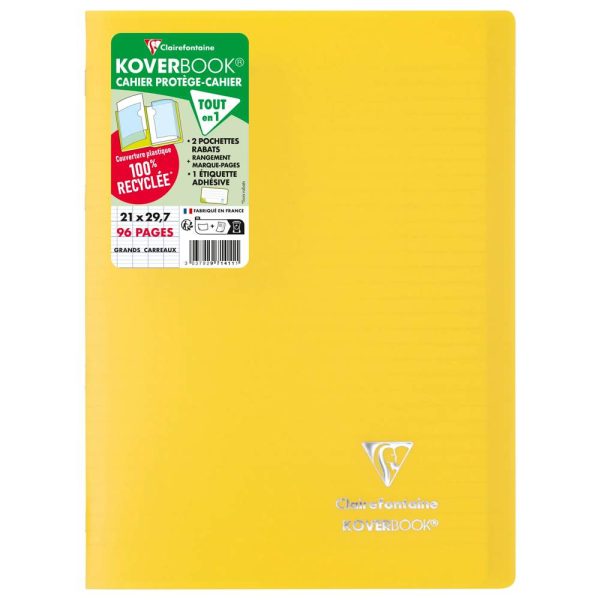 Cahier piqu&eacute; Koverbook A4 96 pages grands carreaux couverture polypropyl&egrave;ne opaque 100% recycl&eacute;
