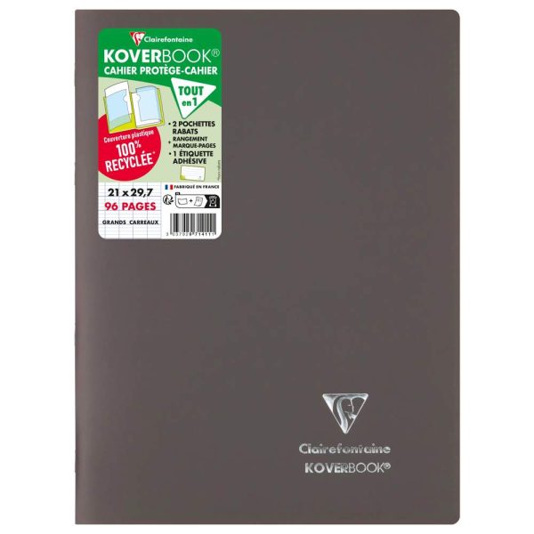 Cahier piqu&eacute; Koverbook A4 96 pages grands carreaux couverture polypropyl&egrave;ne opaque 100% recycl&eacute;