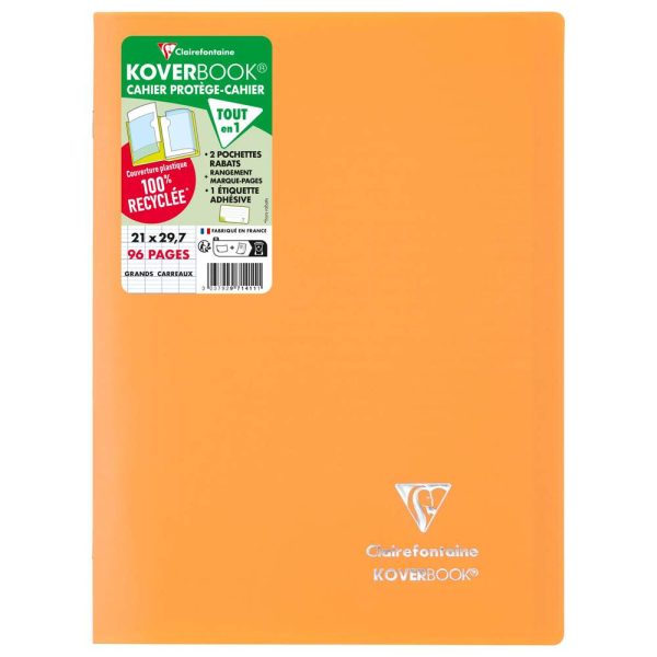 Cahier piqu&eacute; Koverbook A4 96 pages grands carreaux couverture polypropyl&egrave;ne opaque 100% recycl&eacute;