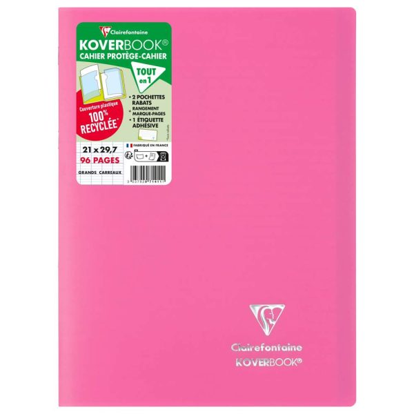 Cahier piqu&eacute; Koverbook A4 96 pages grands carreaux couverture polypropyl&egrave;ne opaque 100% recycl&eacute;