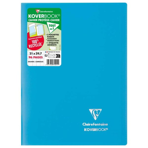 Cahier piqu&eacute; Koverbook A4 96 pages grands carreaux couverture polypropyl&egrave;ne opaque 100% recycl&eacute;