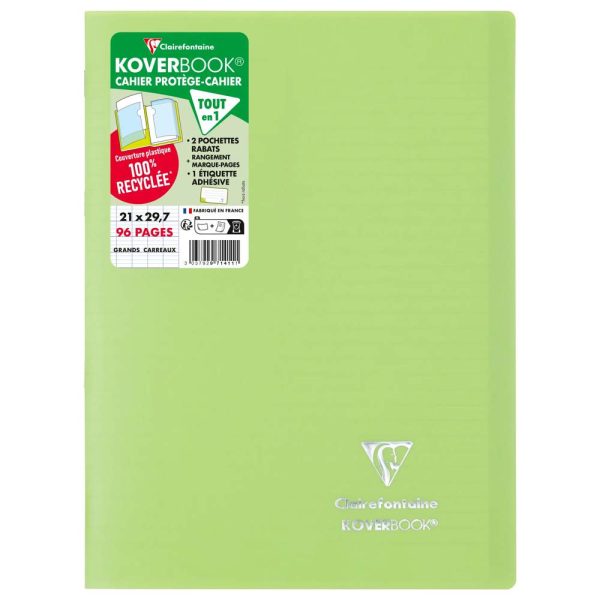 Cahier piqu&eacute; Koverbook A4 96 pages grands carreaux couverture polypropyl&egrave;ne opaque 100% recycl&eacute;