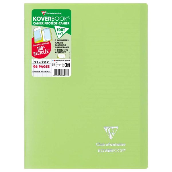 Cahier piqu&eacute; Koverbook A4 96 pages grands carreaux couverture polypropyl&egrave;ne opaque 100% recycl&eacute;