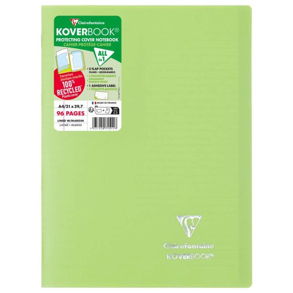 Cahier piqu&eacute; Koverbook A4 96 pages lign&eacute; + marge couverture polypropyl&egrave;ne opaque 100% recycl&eacute;