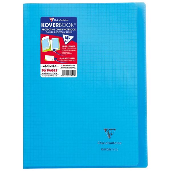 Cahier piqu&eacute; Koverbook A4 96 pages petits carreaux + marge couverture polypropyl&egrave;ne transparent