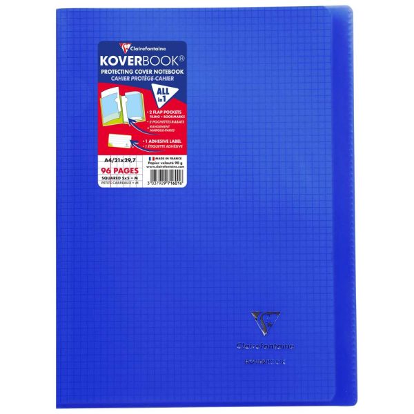 Cahier piqu&eacute; Koverbook A4 96 pages petits carreaux + marge couverture polypropyl&egrave;ne transparent