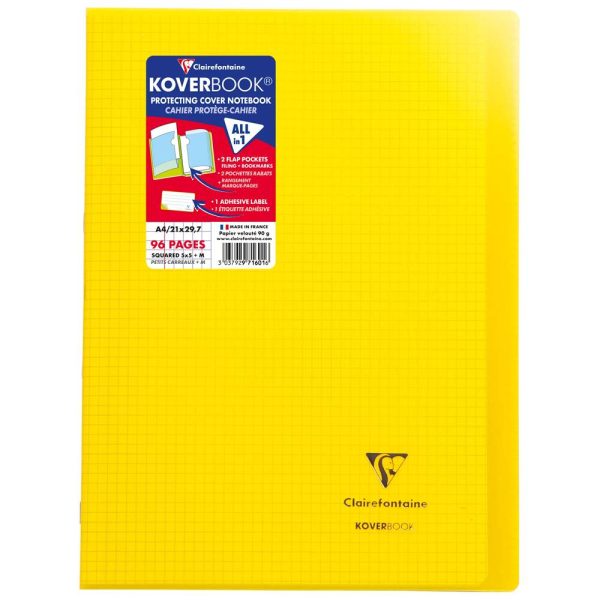 Cahier piqu&eacute; Koverbook A4 96 pages petits carreaux + marge couverture polypropyl&egrave;ne transparent