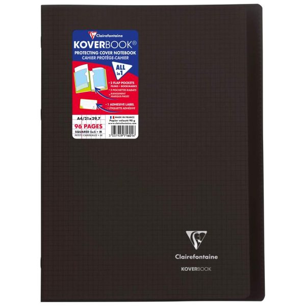 Cahier piqu&eacute; Koverbook A4 96 pages petits carreaux + marge couverture polypropyl&egrave;ne transparent