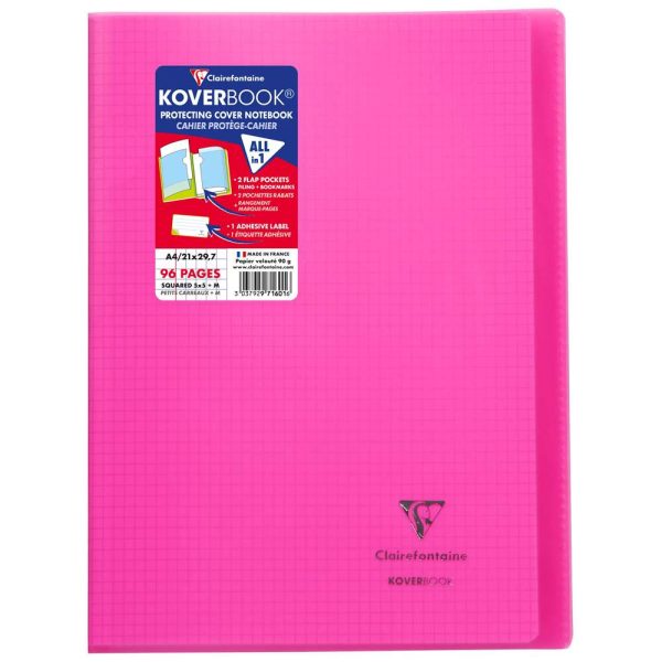 Cahier piqu&eacute; Koverbook A4 96 pages petits carreaux + marge couverture polypropyl&egrave;ne transparent