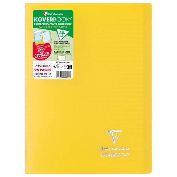 Cahier piqu&eacute; Koverbook A4 96 pages petits carreaux couverture polypropyl&egrave;ne opaque 100% recycl&eacute;