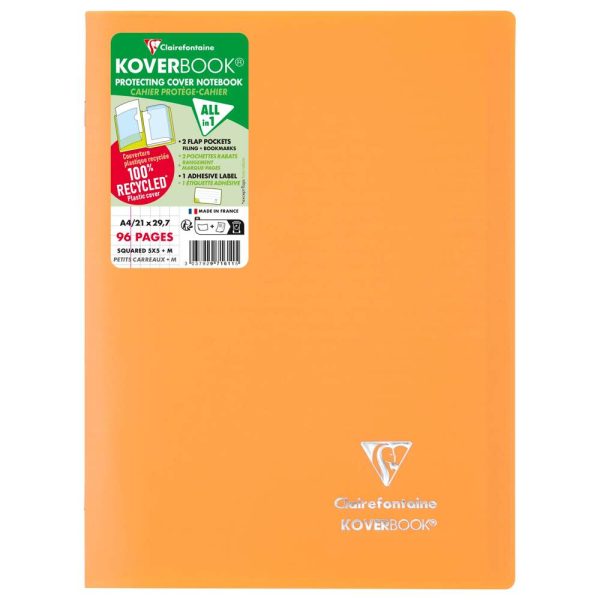Cahier piqu&eacute; Koverbook A4 96 pages petits carreaux couverture polypropyl&egrave;ne opaque 100% recycl&eacute;