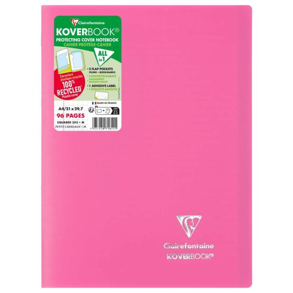 Cahier piqu&eacute; Koverbook A4 96 pages petits carreaux couverture polypropyl&egrave;ne opaque 100% recycl&eacute;
