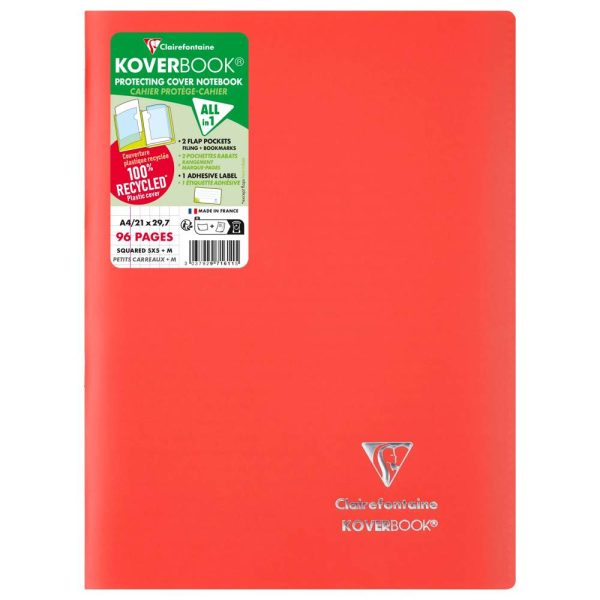 Cahier piqu&eacute; Koverbook A4 96 pages petits carreaux couverture polypropyl&egrave;ne opaque 100% recycl&eacute;