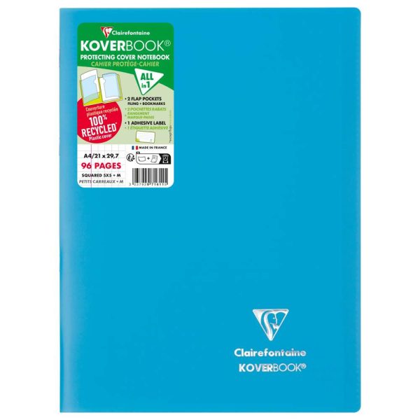 Cahier piqu&eacute; Koverbook A4 96 pages petits carreaux couverture polypropyl&egrave;ne opaque 100% recycl&eacute;