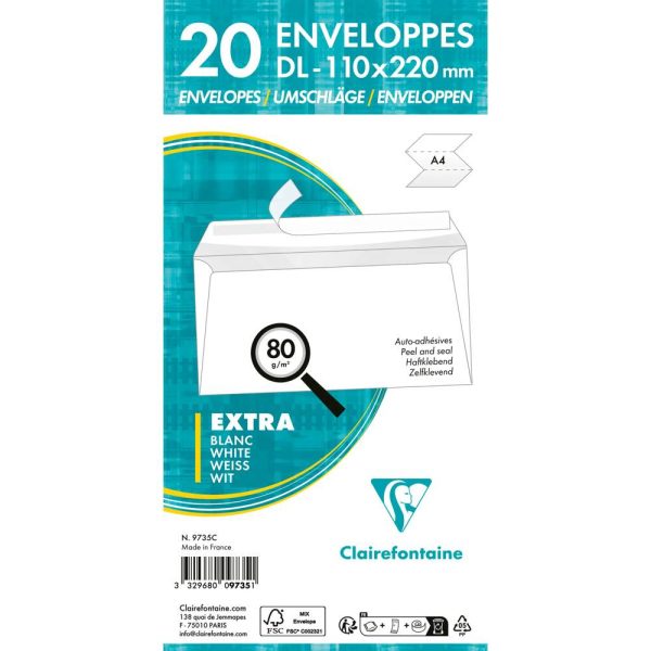 Paquet de 20 Enveloppes Blanches DL-110x220mm &ndash; Auto-Adh&eacute;sives &ndash; 80g/m2