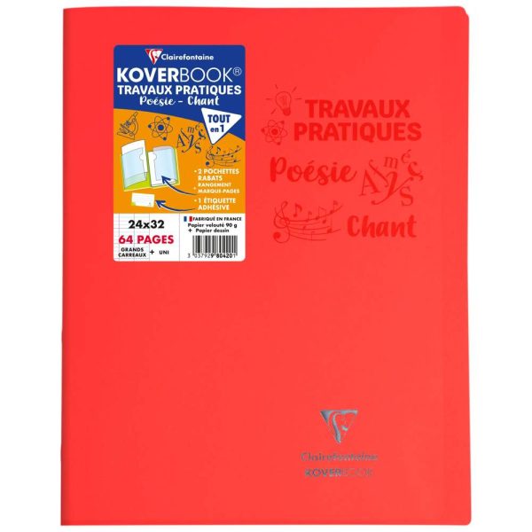 Cahier Travaux Pratiques piqu&eacute; Koverbook 24x32cm 64 pages grands carreaux + uni 90 g couverture polypropyl&egrave;ne transparent