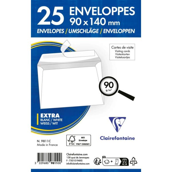 Paquet de 25 Enveloppes Blanches 90x140mm &ndash; Auto-Adh&eacute;sives &ndash; 90g/m2