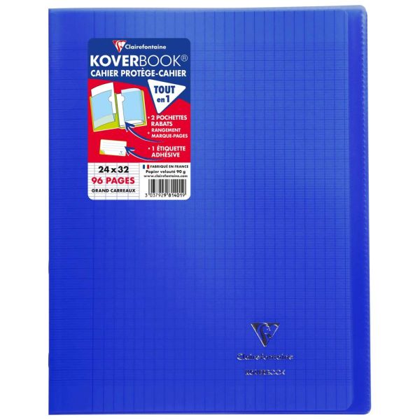 Cahier piqu&eacute; Koverbook 24x32cm 96 pages grands carreaux couverture polypropyl&egrave;ne transparent