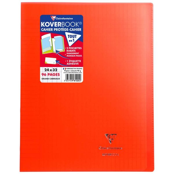 Cahier piqu&eacute; Koverbook 24x32cm 96 pages grands carreaux couverture polypropyl&egrave;ne transparent