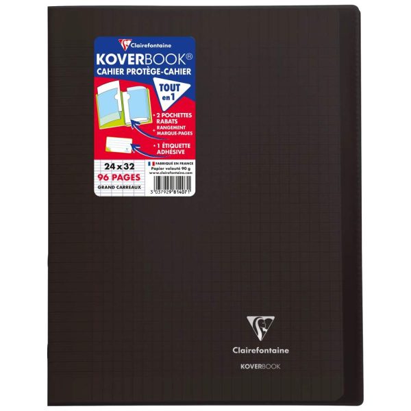 Cahier piqu&eacute; Koverbook 24x32cm 96 pages grands carreaux couverture polypropyl&egrave;ne transparent