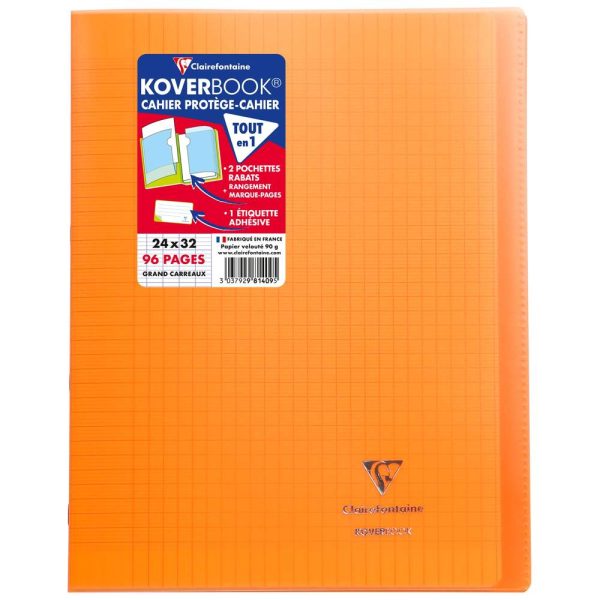 Cahier piqu&eacute; Koverbook 24x32cm 96 pages grands carreaux couverture polypropyl&egrave;ne transparent