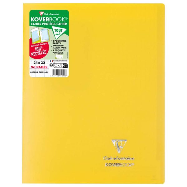 Cahier piqu&eacute; Koverbook 24&times;32 cm 96 pages grands carreaux couverture polypropyl&egrave;ne opaque 100% recycl&eacute;