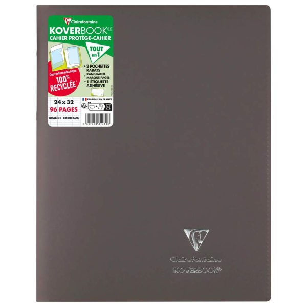 Cahier piqu&eacute; Koverbook 24&times;32 cm 96 pages grands carreaux couverture polypropyl&egrave;ne opaque 100% recycl&eacute;