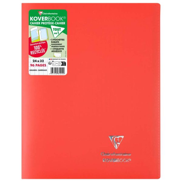 Cahier piqu&eacute; Koverbook 24&times;32 cm 96 pages grands carreaux couverture polypropyl&egrave;ne opaque 100% recycl&eacute;