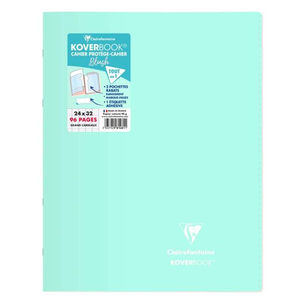 Cahier piqu&eacute; Koverbook Blush 24x32cm 96 pages grands carreaux couverture polypropyl&egrave;ne opaque bicolore Couleur al&eacute;atoire.