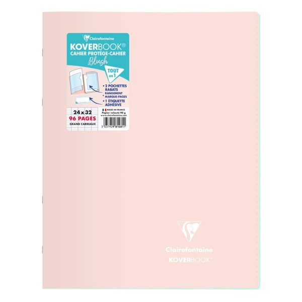 Cahier piqu&eacute; Koverbook Blush 24x32cm 96 pages grands carreaux couverture polypropyl&egrave;ne opaque bicolore Couleur al&eacute;atoire.