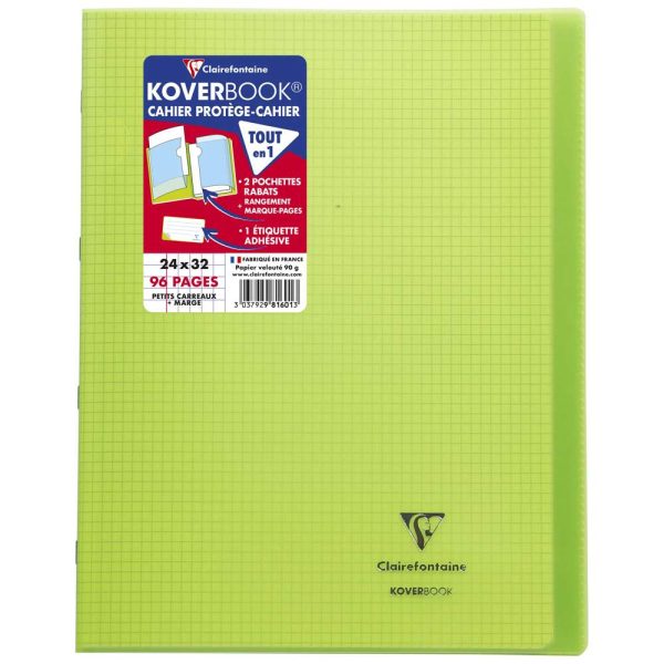 Cahier piqu&eacute; Koverbook 24x32cm 96 pages petits carreaux + marge couverture polypropyl&egrave;ne transparent