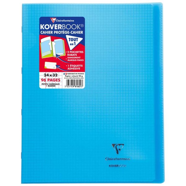 Cahier piqu&eacute; Koverbook 24x32cm 96 pages petits carreaux + marge couverture polypropyl&egrave;ne transparent