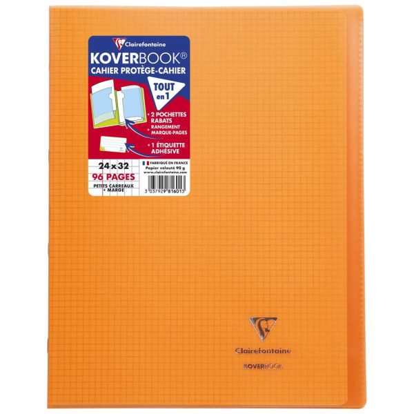 Cahier piqu&eacute; Koverbook 24x32cm 96 pages petits carreaux + marge couverture polypropyl&egrave;ne transparent