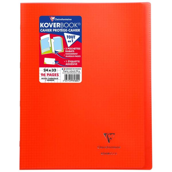 Cahier piqu&eacute; Koverbook 24x32cm 96 pages petits carreaux + marge couverture polypropyl&egrave;ne transparent