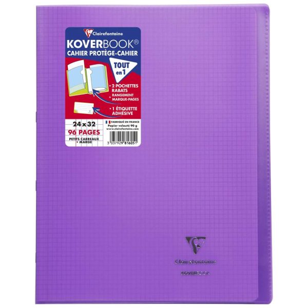 Cahier piqu&eacute; Koverbook 24&times;32 cm 96 pages petits carreaux + marge couverture polypropyl&egrave;ne transparent