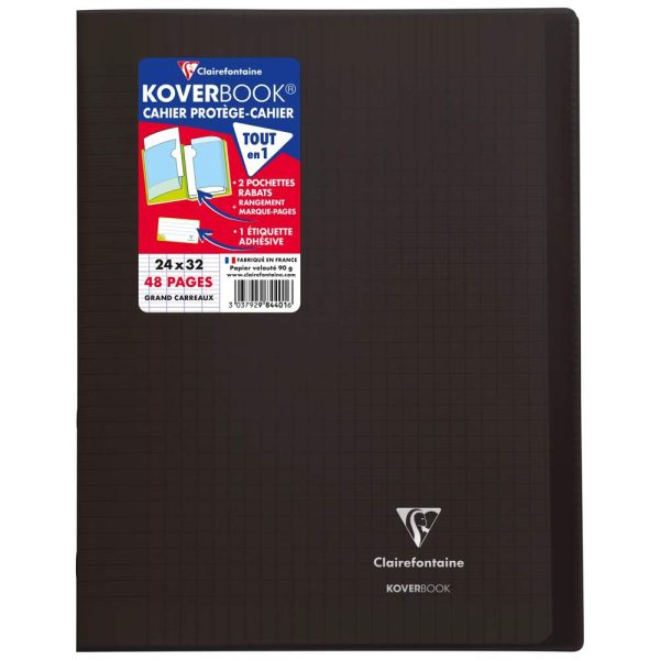 Cahier piqu&eacute; Koverbook 24x32cm 48 pages grands carreaux couverture polypropyl&egrave;ne transparent