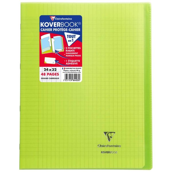 Cahier piqu&eacute; Koverbook 24x32cm 48 pages grands carreaux couverture polypropyl&egrave;ne transparent