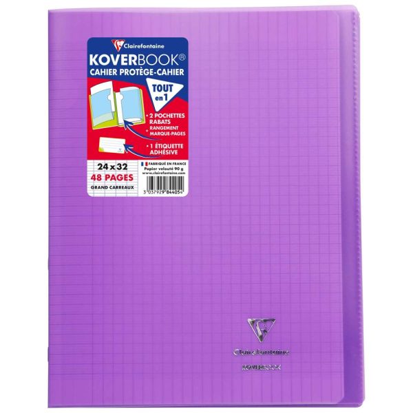 Cahier piqu&eacute; Koverbook 24&times;32 cm 48 pages grands carreaux couverture polypropyl&egrave;ne transparent
