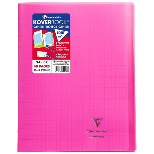 Cahier piqu&eacute; Koverbook 24&times;32 cm 48 pages grands carreaux couverture polypropyl&egrave;ne transparent